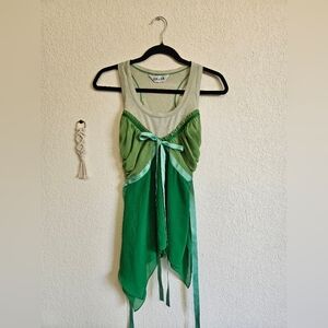 Asymmetrical Green Sleeveless Tank Top with Ribbon Tie Front & Back